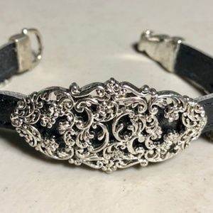 Filigree Floral Panel Leather Bracelet w/ Charms